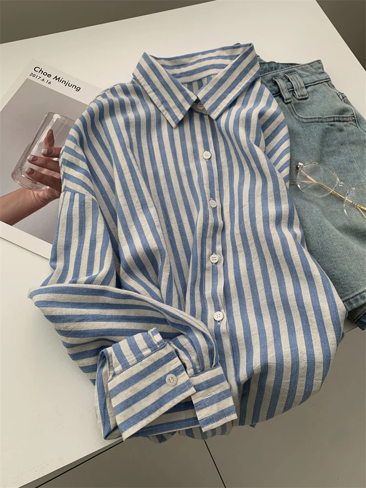 Blue Linen Striped Shirt for Women in Summer, Thin Sagging, Lazy and Slimming, Sun Blouse