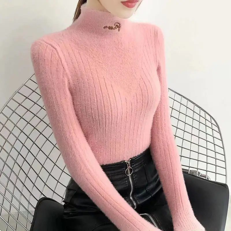 

Женская одежда, однотонный свитер с длинными рукавами и вышивкой букв, вязаный повседневный осенне-зимний топ с полувысоким воротником