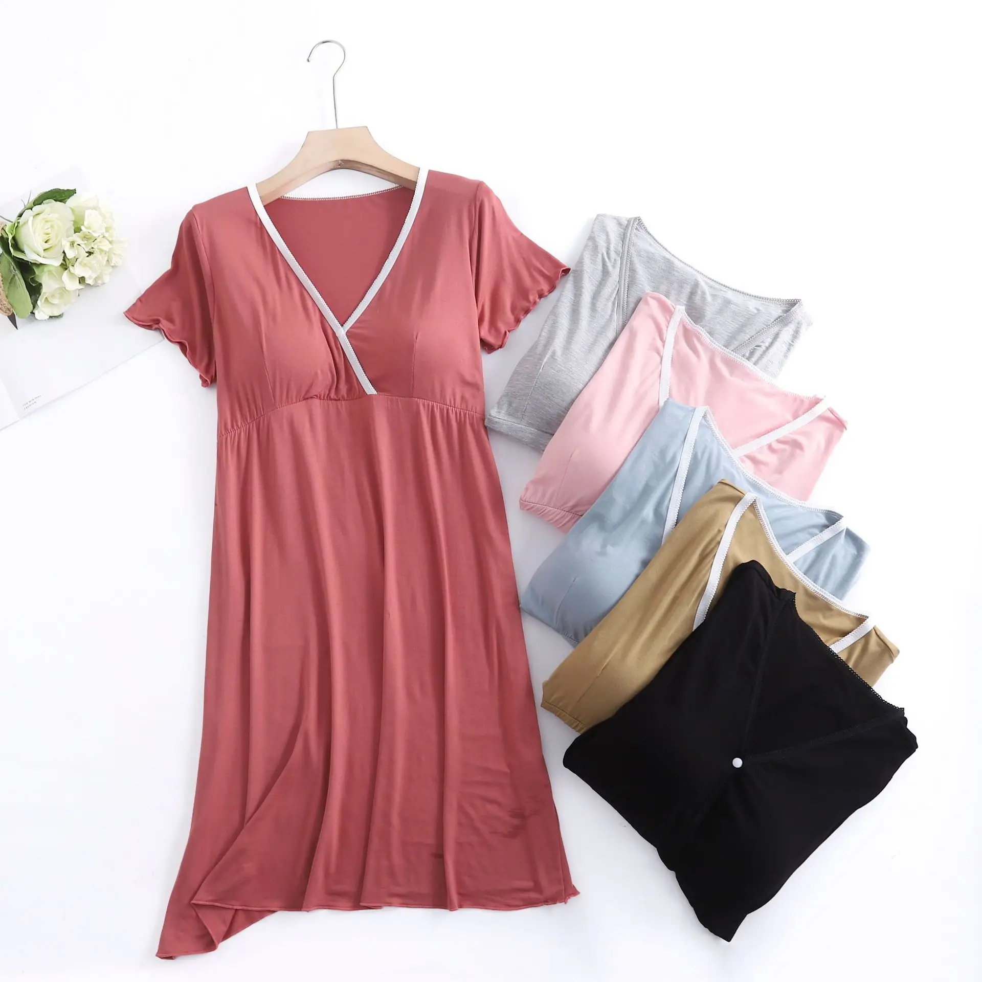 Fdfklak New Arrival Summer Short-Sleeve Nursing Dress For Pregnant Women V-Neck Pregnancy Dress Solid Pajama Nightgown