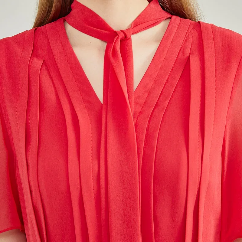 Voa seda vermelha três camadas georgette design com decote em v envelope fita plissada quente e graciosa senhora novo vestido estilo chinês ae2195