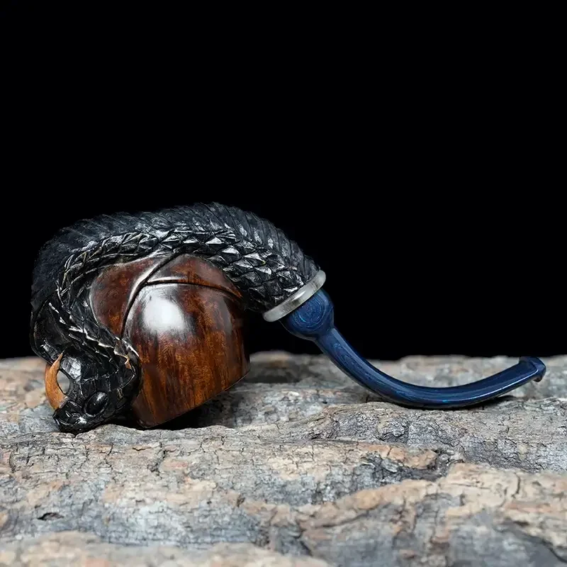 MUXIANG Premium Hand Carved Solid Wood Snake Shaped Tobacco Pipe with Black Vulcanite Mouthpiece Father Gift