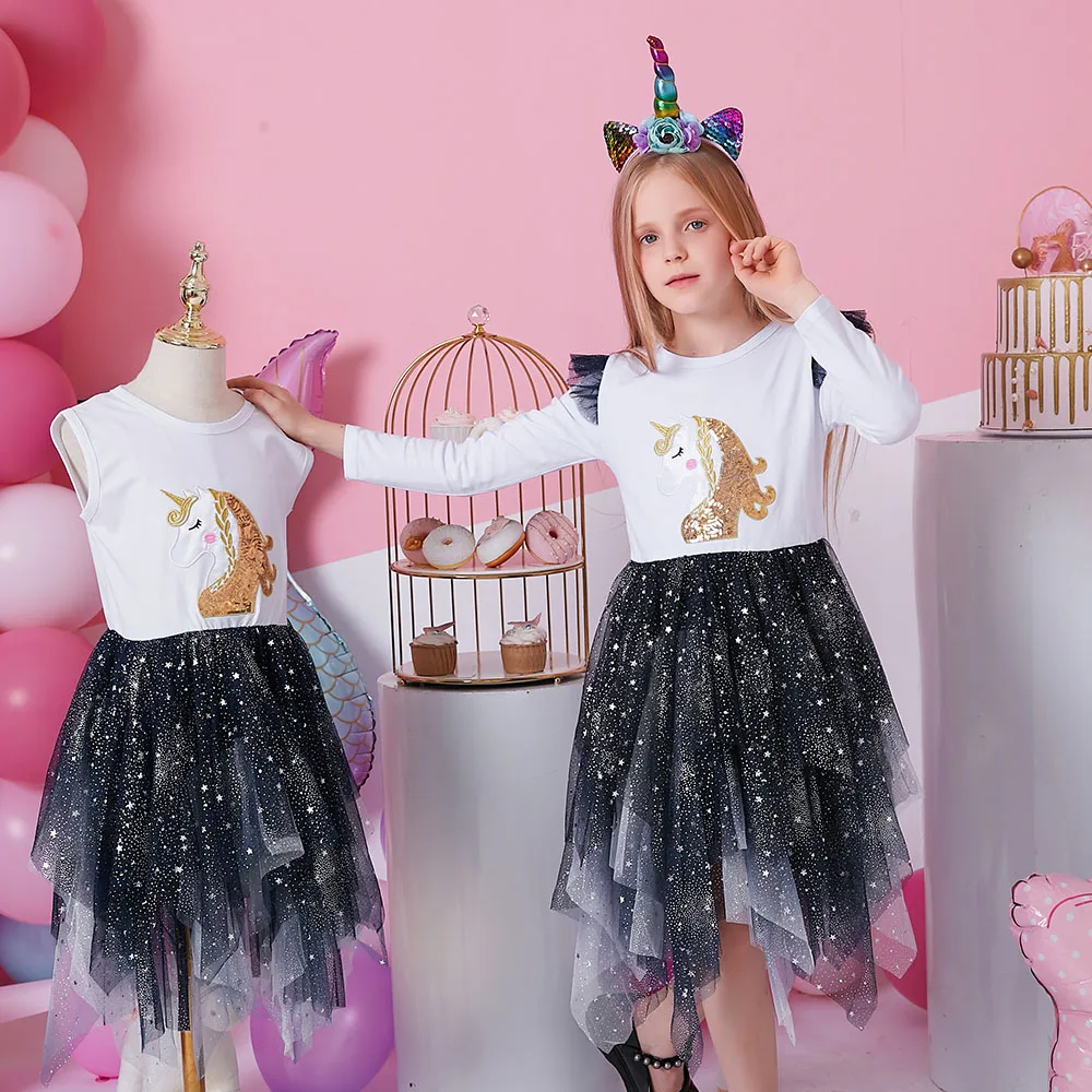 DXTON Sequined Unicorn Children Dresses Irregular Mesh Tutu Skirts Flying Sleeve Princess Dress For Girls Autumn Winter Clothing