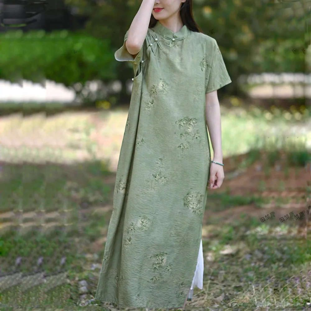 

Chinese Style Cheongsam Women Asian Long Maxi Dress With Short Sleeve Vintage Floral Print Dress Button Human cotton Side Split