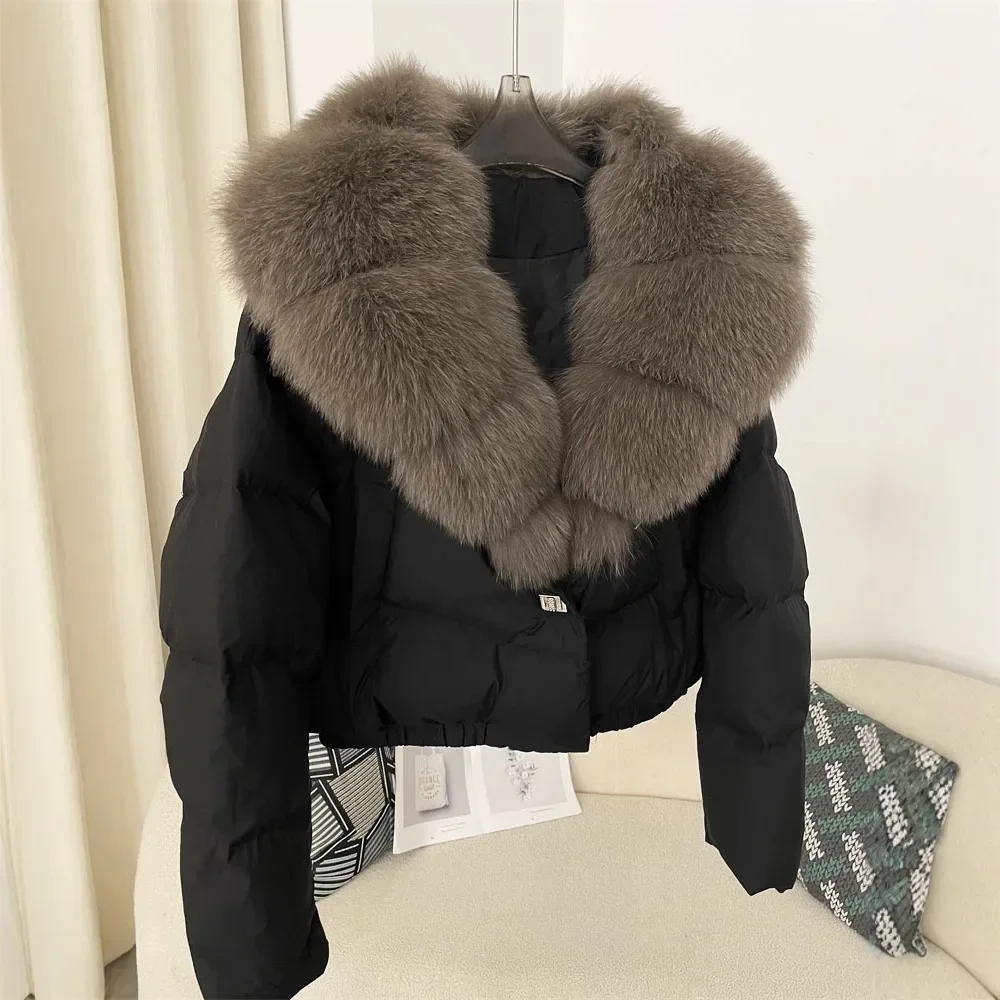 

Большое пальто с воротником из натурального лисьего меха, китайское зимнее новое женское короткое модное теплое пуховое пальто небольшого размера, стильный супер