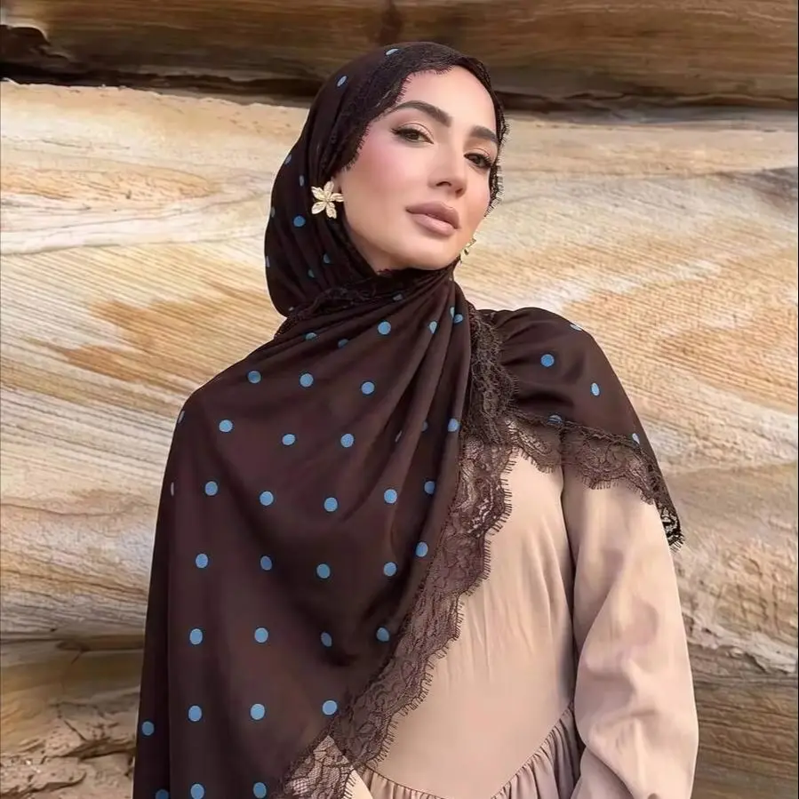 New Polk Dot Printed Chiffon Hijab With Lace Fashion Muslim Headscarf Head wrap Long Shawls Islam Turban Ramadan Eid Long scarf