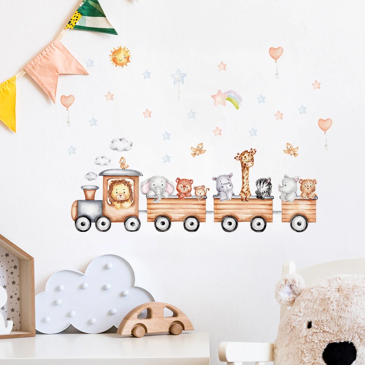 1PC Cartoon train takes animals to see the world star wall stickers Children's room classroom wall decoration explosion