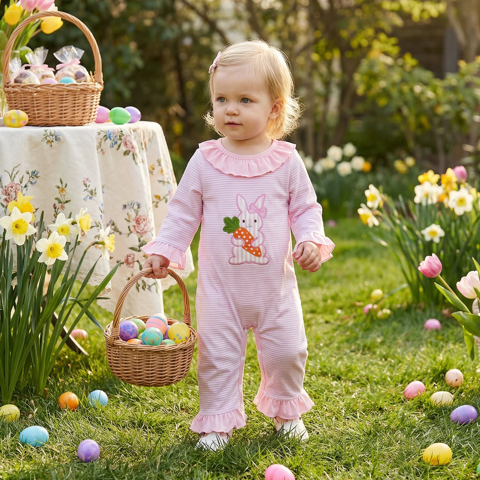 Citgeett Spring Easter Infant Baby Girls Romper Ruffled Trim Bunny Embroidered Striped Long Sleeve Jumpsuit Clothes