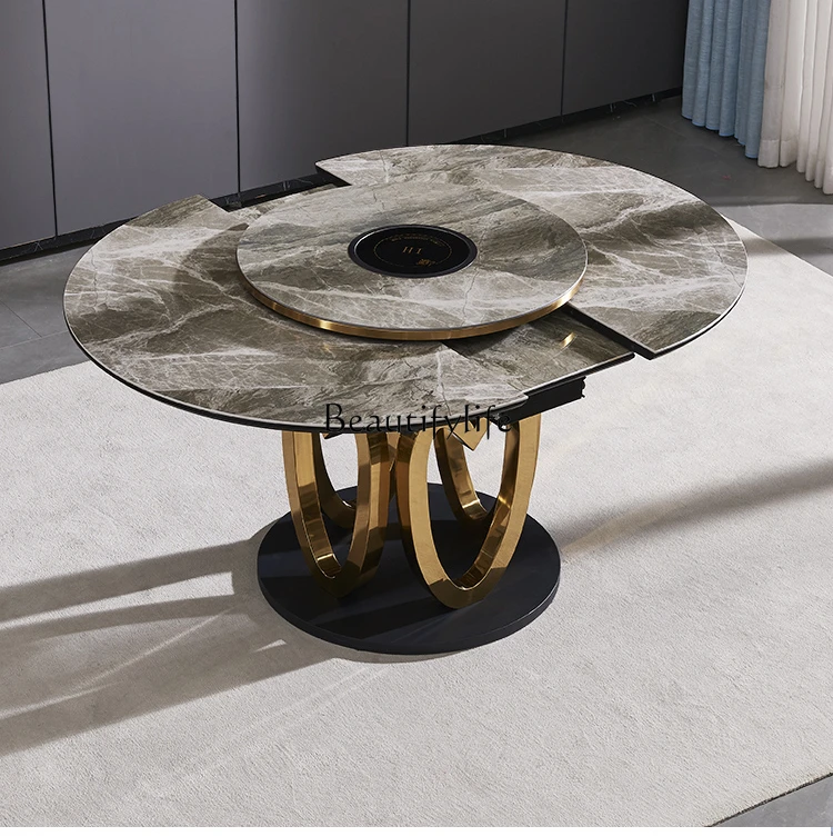 

Stone Plate Folding Household Light Luxury round Table with Turntable Induction Cooker Retractable round