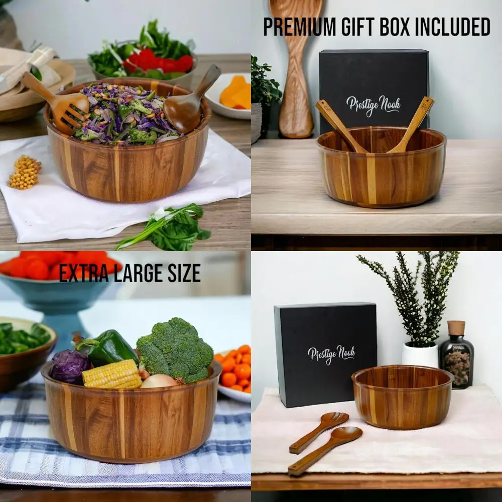 

Очень большая салатница из дерева акации с серверами, идеально подходит для сервировки фруктов и салатов, идеальный подарок на новоселье или свадьбу