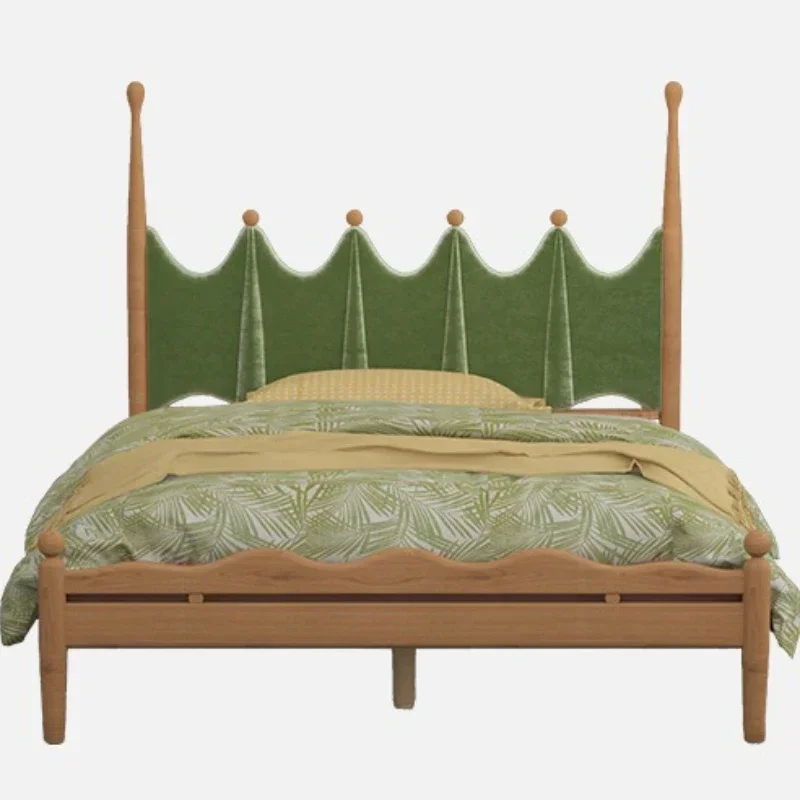 

Solid wood North American cherry wood children's bed, Nordic velvet fabric soft bag bed, youth bedroom college bed
