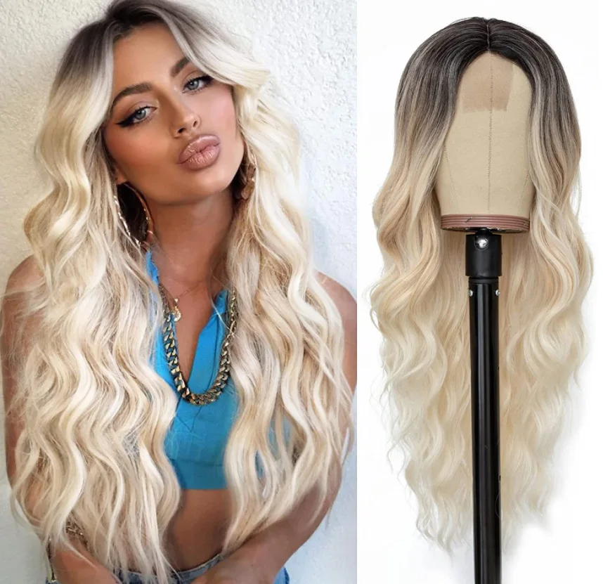 Women's Long Curly Hair Middle Part Gradient Color Front Lace Wig Long Curly Bangs and Long Hair Body Wave Blonde Wigs