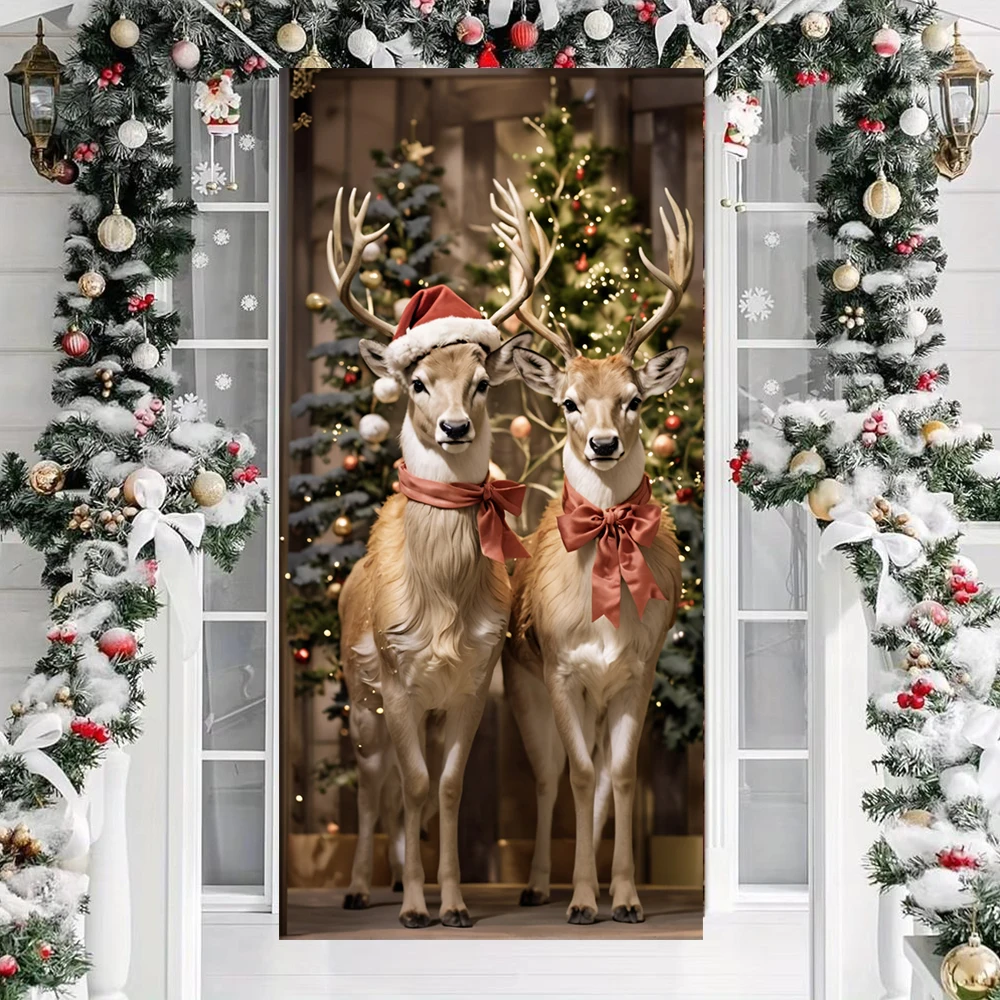 Versatile Hanging Decor Holiday-Themed Large Size Outdoor-Friendly Door Decoration Colorful Reindeer Banner for Family Gathering