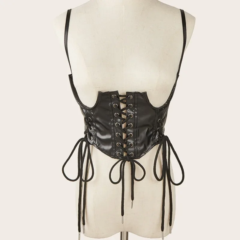 Women Fashion Sexy PU Leather Corset Goth Punk Lace-Up Bandage Black Bustier Streetwear Underbust Support Braces Shaper Top