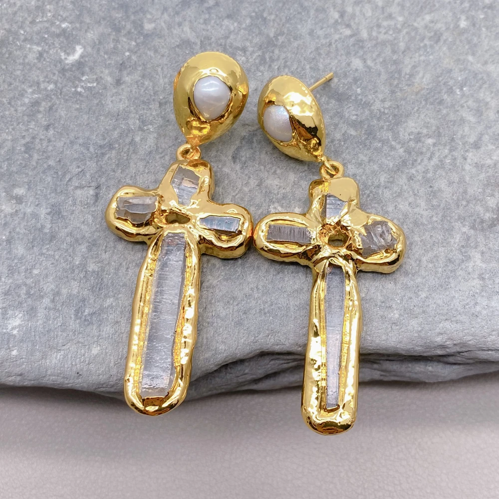 Y·YING New Gemstone Earrings Clear Quartz White Pearl Crucifix Dangle Drop Earrings Religion Jewelry
