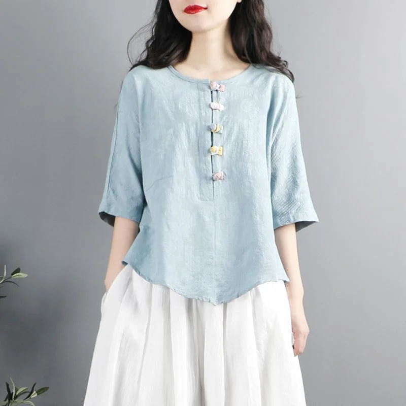 

Women's Retro Jacquard Tray Button Cotton and Linen Shirt Design Irregular Round Neck and Three-quarter Sleeve Top