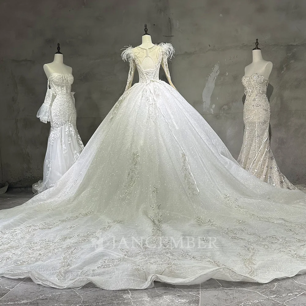 Customized Organza Wedding Dress for Women With Feathers 2025 New Retro Bride Long Sleeve Ball Gown Large Size Vestido De Novia