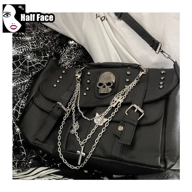 Y2K pikantne dziewczęce Harajuku gotycki Punk głowa szkieletu łańcuch lokomotywa subkultura jedno ramię Lolita damskie torby Crossbody