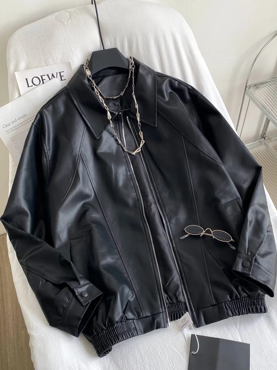 

Retro American Hot Girl PU Leather Jaet Women's Autumn Zipper Loose Collar Design Street Motorcycle Clothes Outerwear Trendy