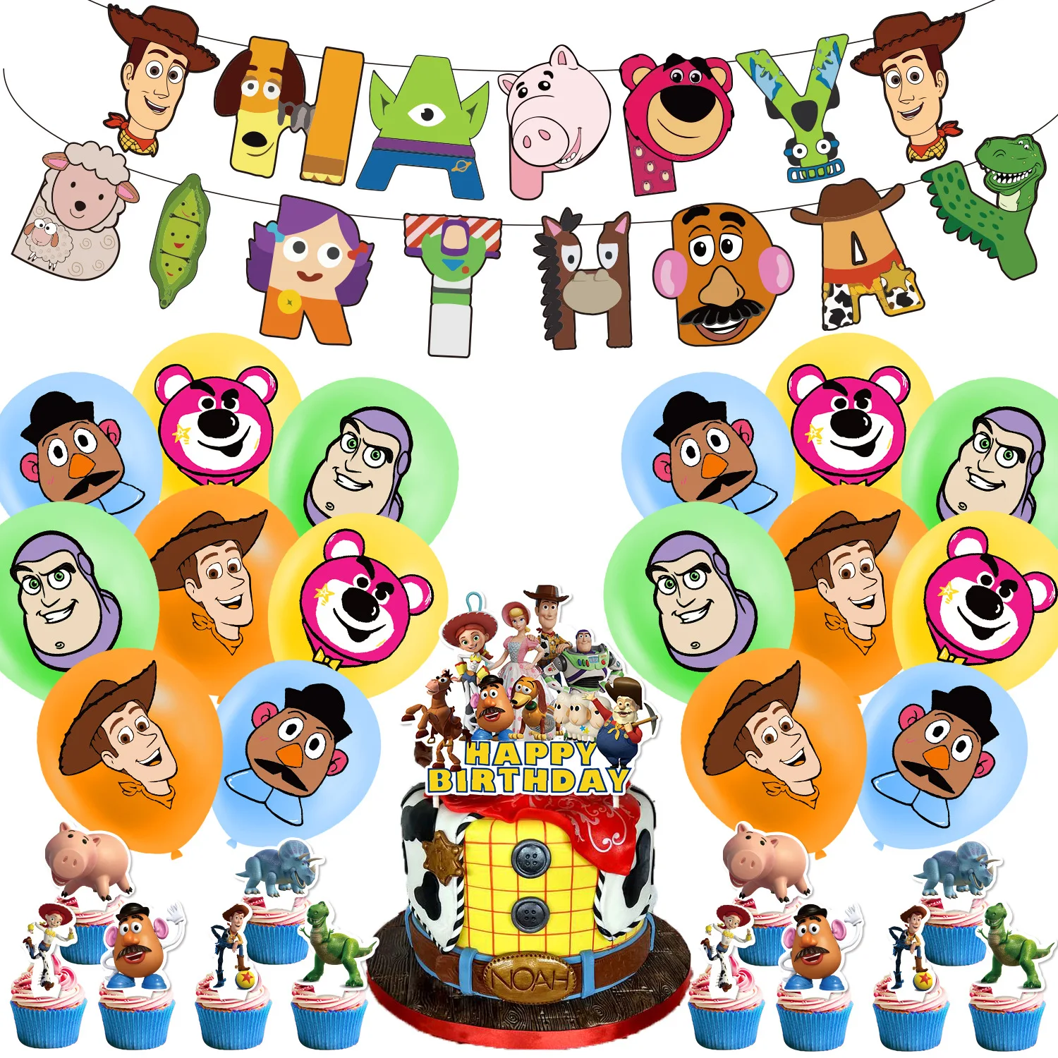 Decoraciones de Fiesta de Cumpleaños de Toy Story, Pancartas con Cuerda de Woody/Rex/Buzz/Rex, Adornos para Pastel, Guirnaldas Espirales de Globos, Regalo para Niños