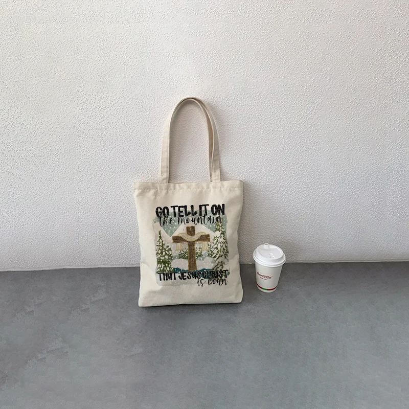 Christmas Snowy Cross Graphic Canvas Tote Bag Winter Forest Print Reusable Lightweight Daily Shopping Shoulder Tote Bag