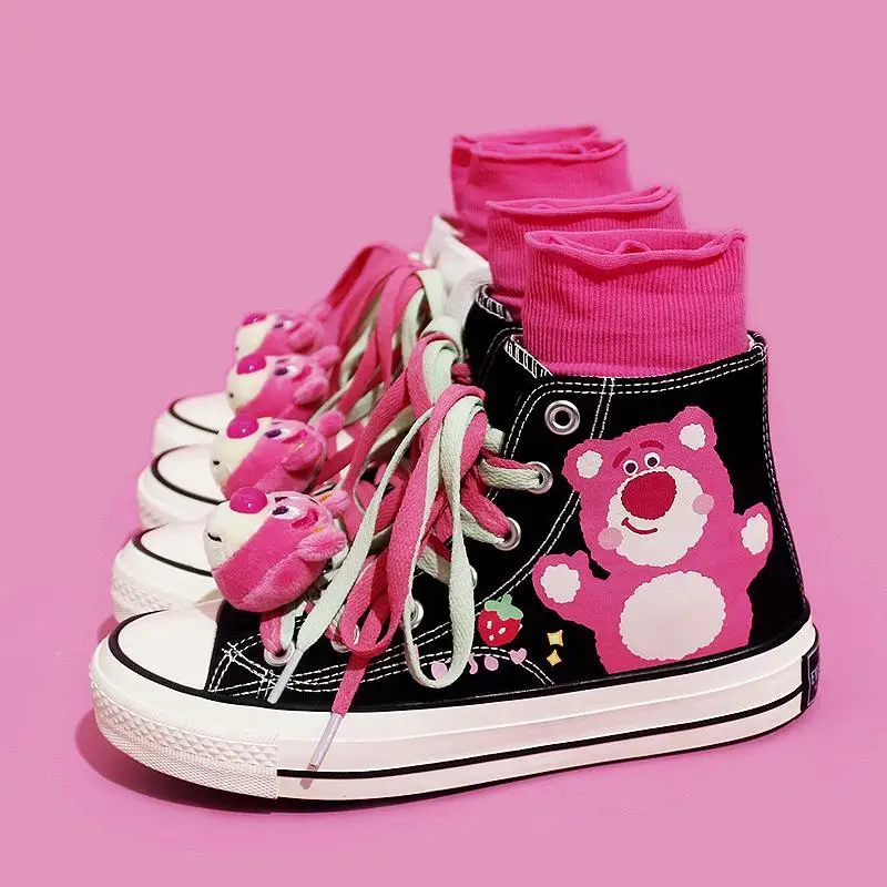 Toy Story Lotso Kawaii Shoes Anime Bear Sneakers High Top Canvas Girl Women Shoes Students Gift Cute Cosplay Costume Prop