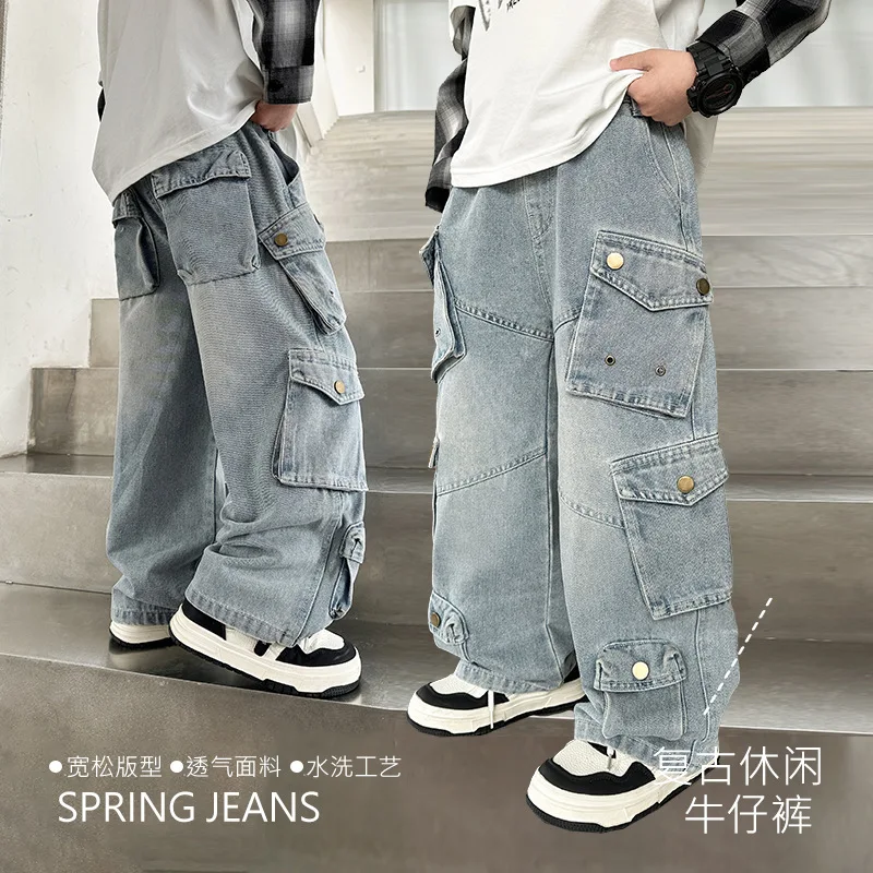 

Модные брендовые свободные брюки прямого кроя для мальчиков, джинсы-карго для мальчиков, весенне-осенние широкие брюки для подростков с множеством карманов, стильные