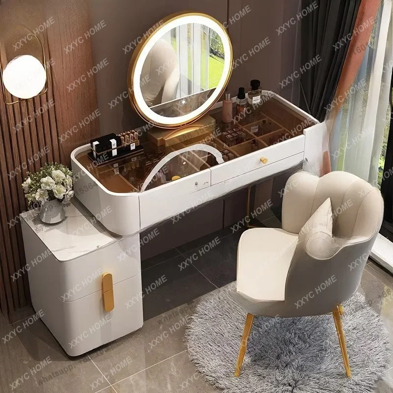 Storage cabinet integrated LED mirror light luxury luxury folding solid wood dresser cream style