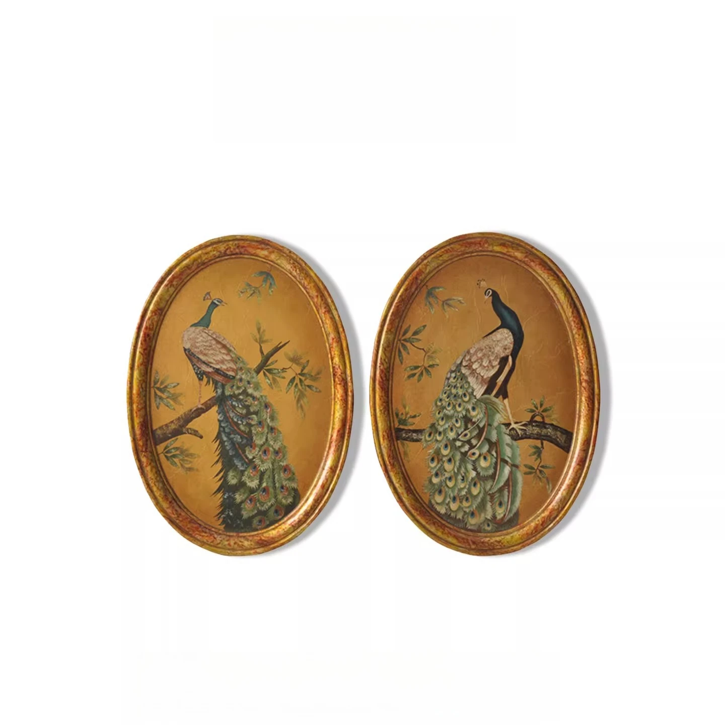 

New Chinese solid wood oval hand-painted peacock hanging painting, home living room entrance restaurant craft painting