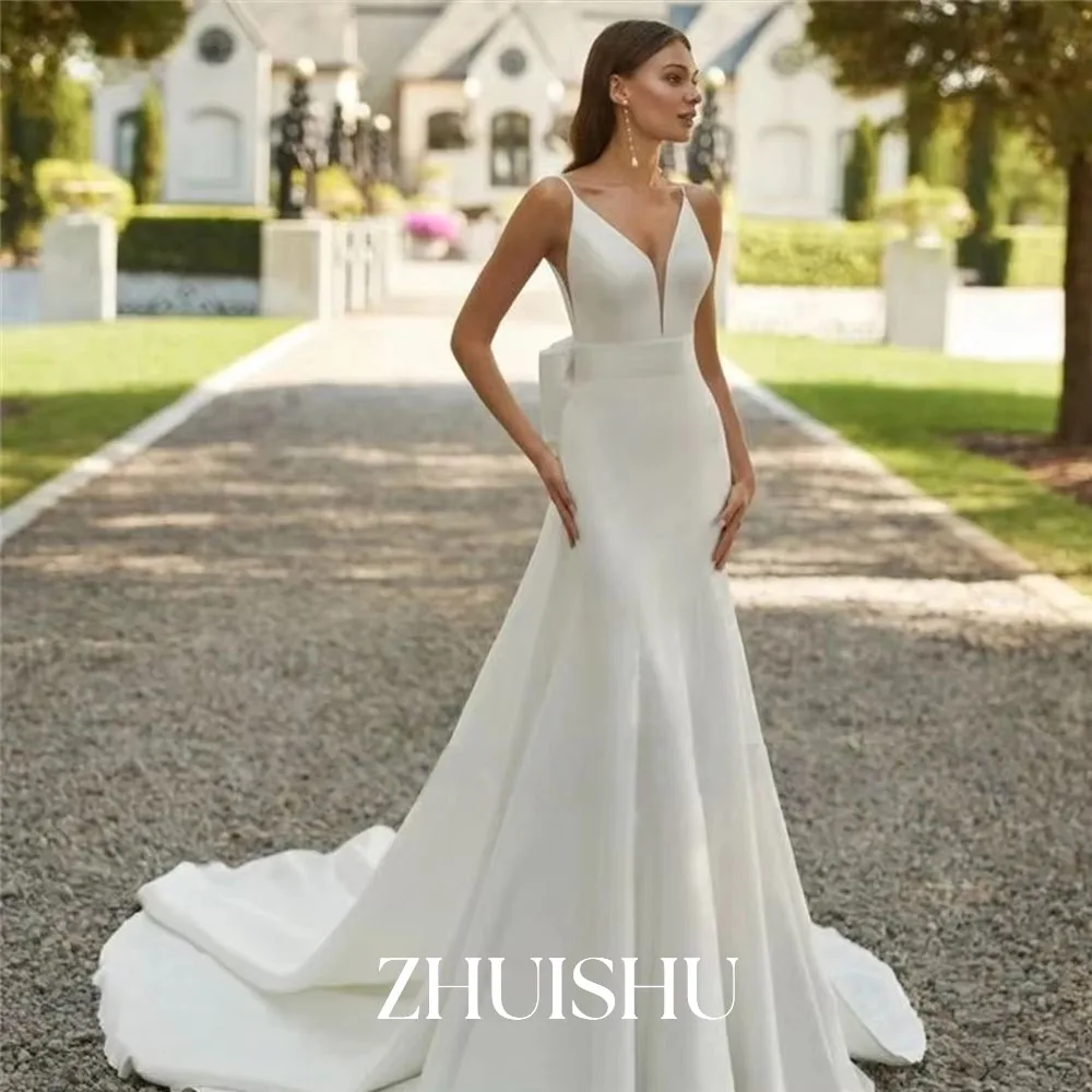 ZHUISHU エレガントなアイボリーマーメイドウェディングドレス ディープVネック ノースリーブ ブライダルガウン フロア丈 プリーツ サテン カスタマイズ スイープトレイン