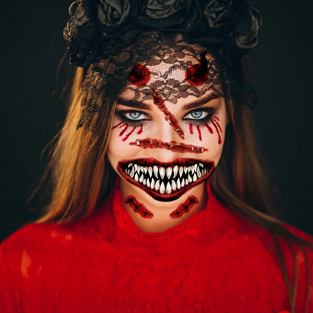 Lustige große Mund temporäre Tattoos für Frauen Männer Halloween Tattoo Aufkleber für Gesicht Make-up beängstigend gefälschte Tätowierung wasserdicht