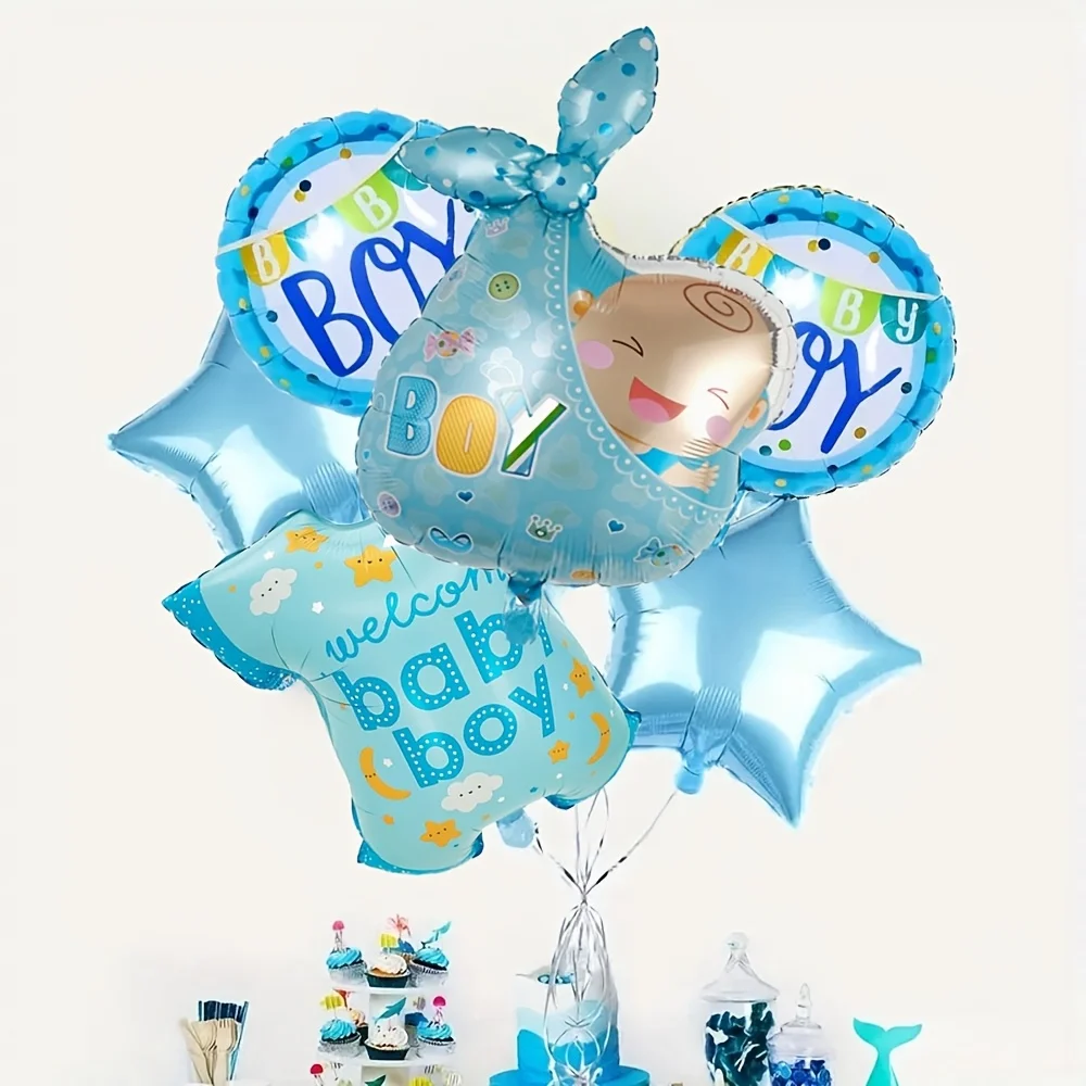 6 globos de aluminio con diseño de camisetas azules y rosas para bebés, para decoración de fiestas de revelación de género, para el primer cumpleaños de niño o niña.