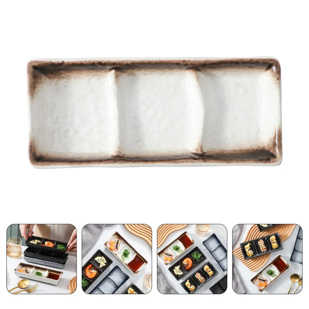 

1Pcs Ceramic Three Grid Sauce Dish Stylish Seasoning Plate for Sushi Condiment Dipping Utensil Sushi Plate