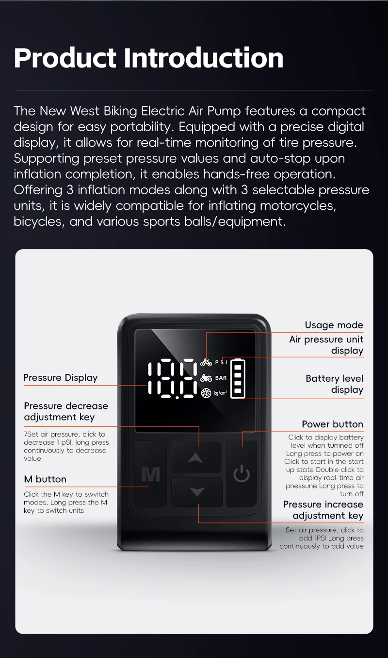 WEST BIKING 130PSI Mini Elektrische Fahrradpumpe Wiederaufladbarer Kompressor Reifenfüller Digitale Anzeige Luftpumpe Fahrradzubehör – Detail 3
