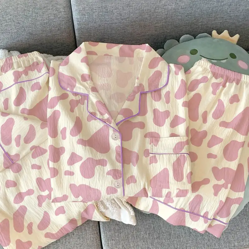 Women Pajama Set 3 Piece Short Sleeve Shorts Long Pants Sleepwear Lapel Collar Button Down Soft Cute Home Wear Print Pyjamas New