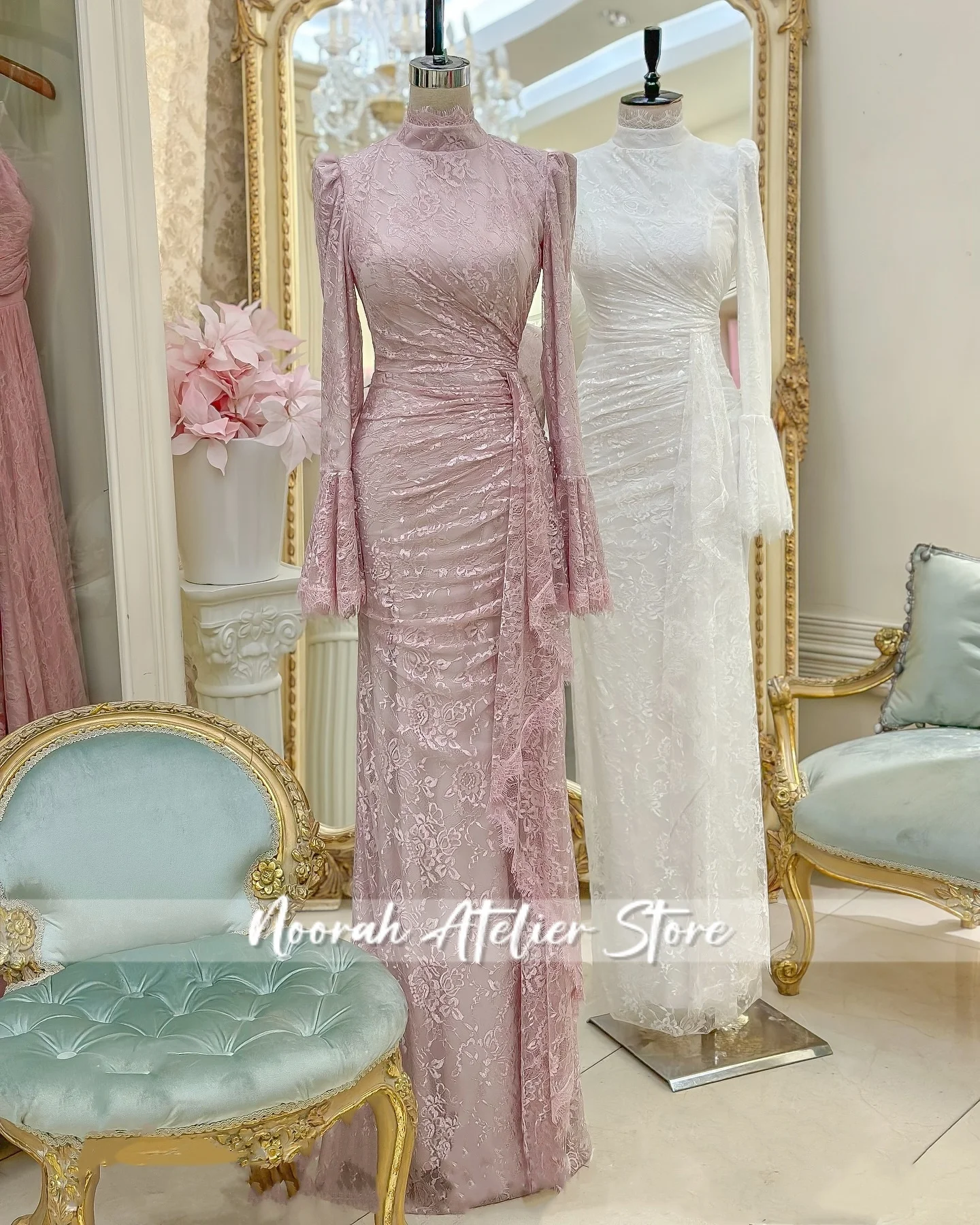 فساتين سهرة نسائية أنيقة من الدانتيل الأبيض H N بأكمام طويلة عالية الجودة 2025 ثنيات لحفلات الزفاف فستان طويل مخصص