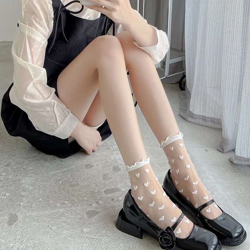 

1Pair Women Socks Lace Lolita Socks Middle Tube Polka Dot Thin Socks Sweet Girl Transparent Breathable Socks