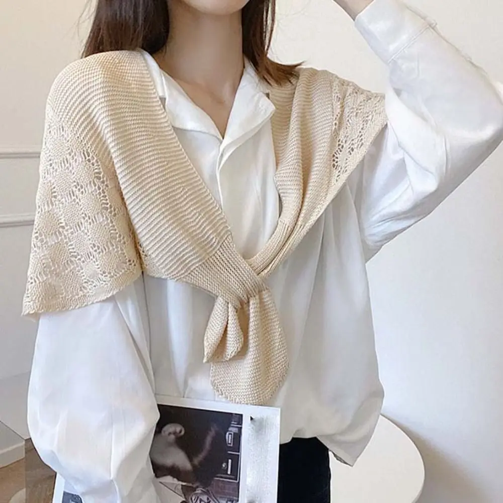 Casual Solid Color Knitted Hollow Shawl Weave Soft Cloak Knot Scarves Korean Style Sunscreen Blouse Shoulder Fake Collar Outdoor