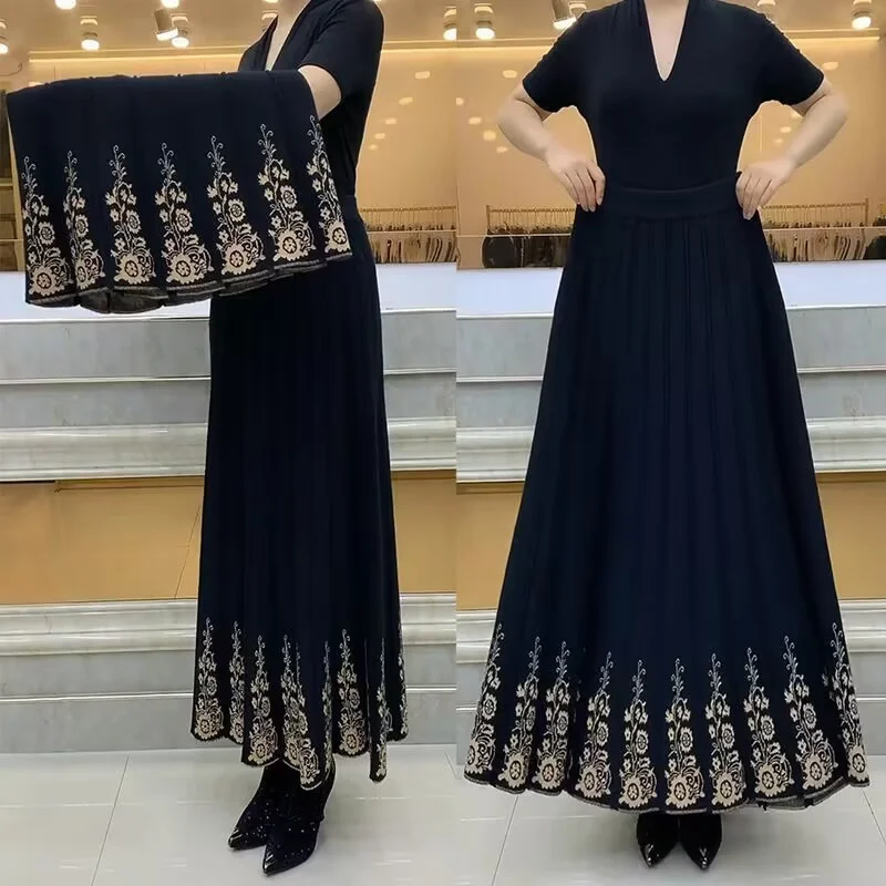 

Осенне-зимняя утепленная трикотажная юбка, женские этнические стильные трапециевидные свитера с высокой талией, юбки для мам среднего возраста, элитные вязаные юбки