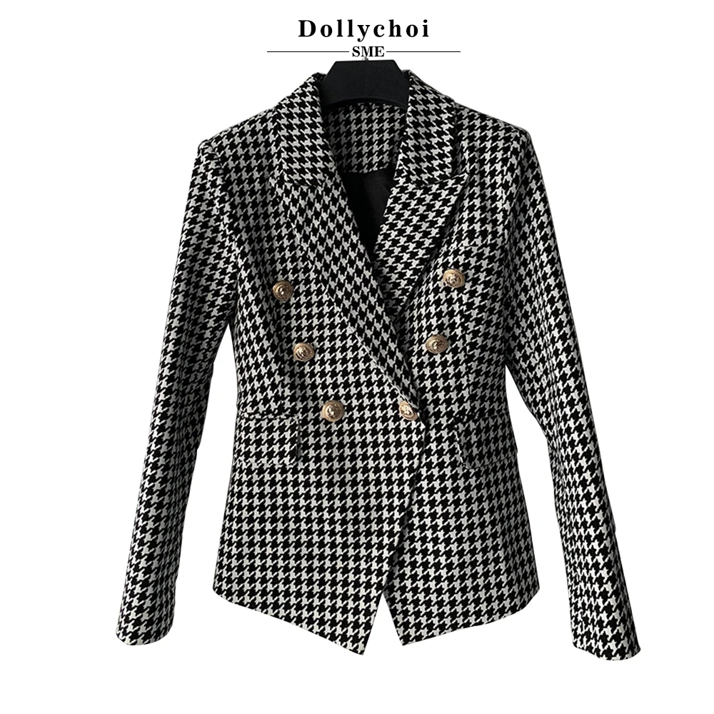 European and American Foreign Trade New women's Jacket Jacket Double Mreasted Metal Lion Button Thousand Bird Check Slim Suit