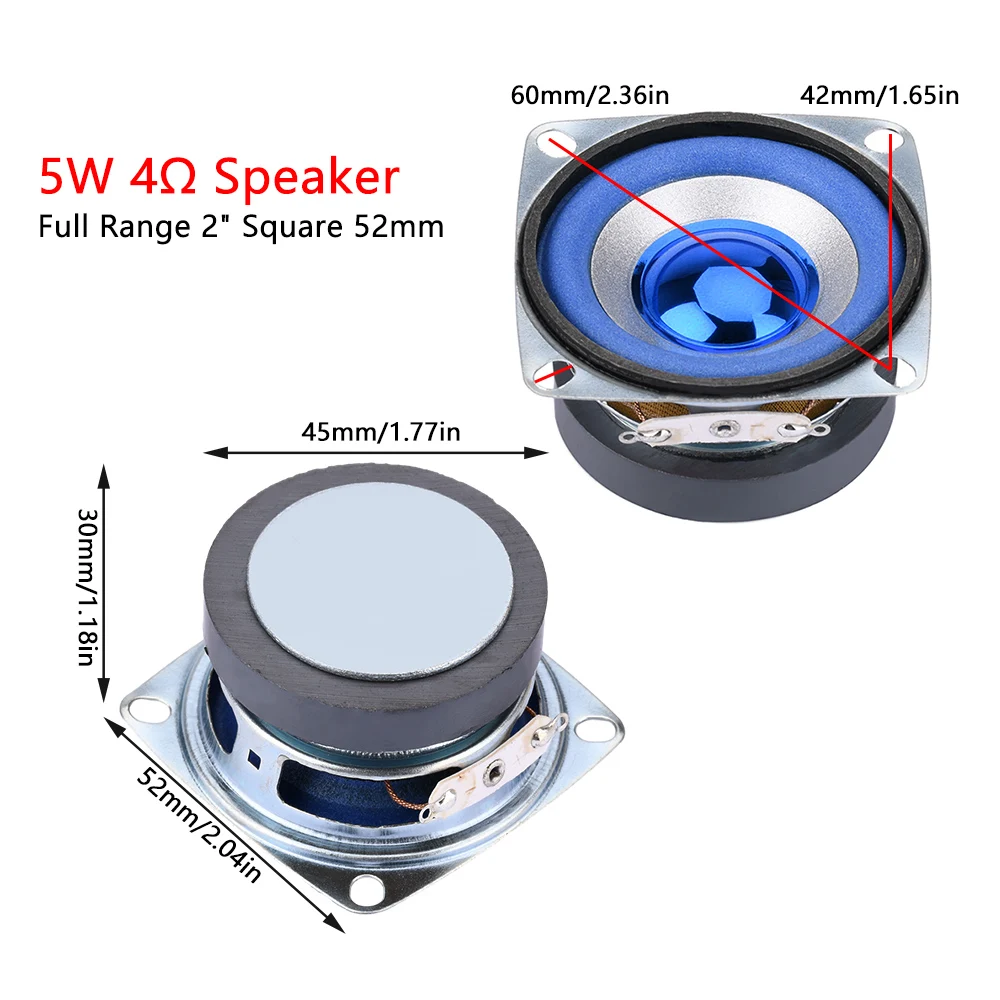 Altavoz pequeño de frecuencia completa azul, 2 pulgadas, 5W, 4 ohm, 52mm, cuadrado, 5W, 4 ohm