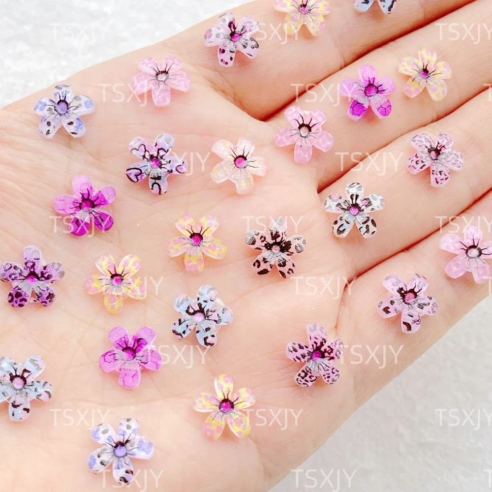 Mini fleurs imprimées léopard colorées en résine mixte, 60 pièces, Nail Art, dos plat, pierre appliquée, breloques à assembler soi-même, artisanat de décoration pour Scrapbook