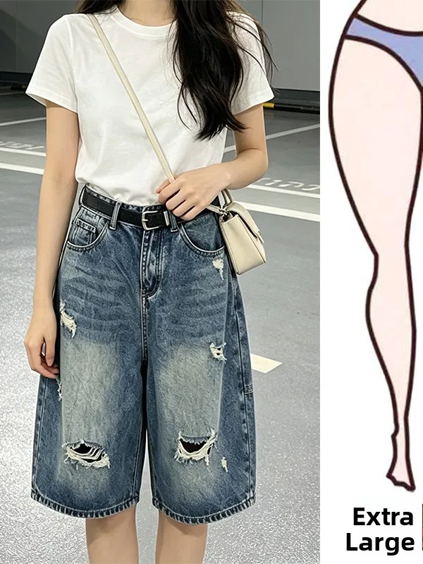 

plus Size American Style High Waist Wide Leg Jeans Women's Summer New Slimming Five-Quarter Pants Casual Comfortable Breathable