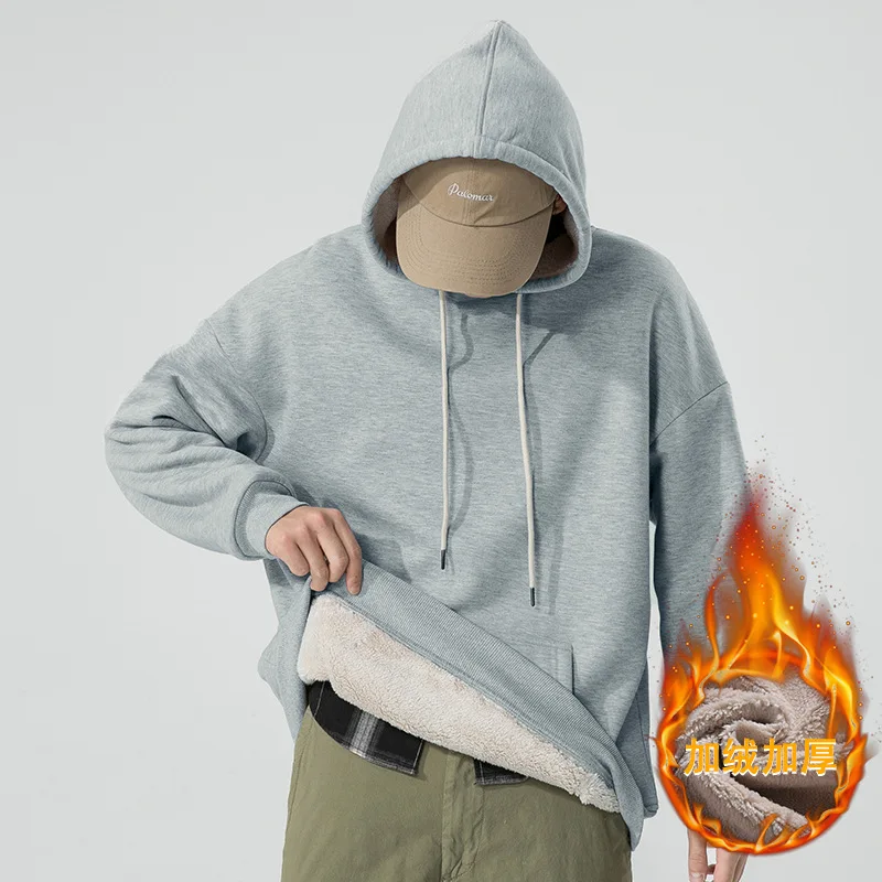 

Basic Thicken Lambswool Hoodies for Men Korean Solid Loose Pocket Hooded Pullovers Man Fall Winter Casual Versatile Sweatshirts