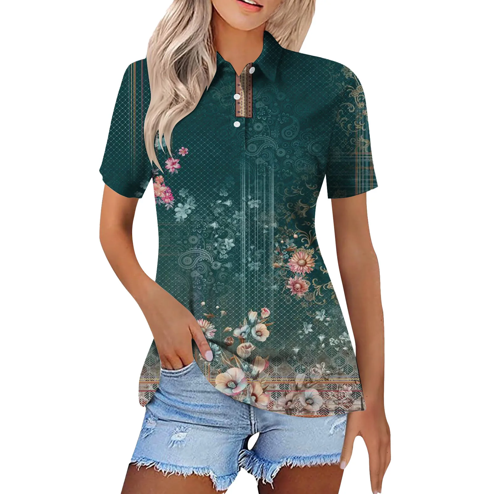 Camisa polo casual estampada em 3D feminina, blusa de manga curta, botão solto e emagrecedor, estilo étnico retrô, MB13