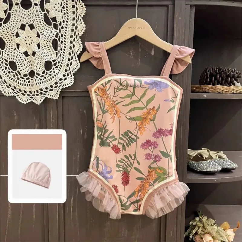 Baby Girl Princess Floral Swimsuit Romper+Cap 2pcs Infant Toddler Teens Child Swimwear Bathing Suit Kid Swimming Clothing 1-12Y