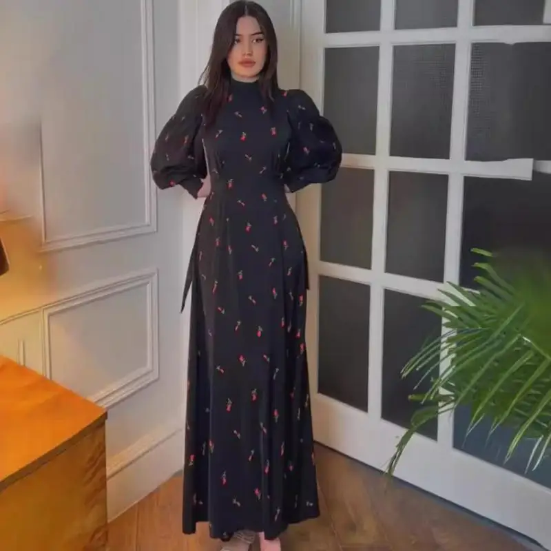 2024 Cherry Printing Elegant Lady Dress Casual Party Dresses for Woman Plus Size Female Maxi Vestidos Full Sleeves Clothing