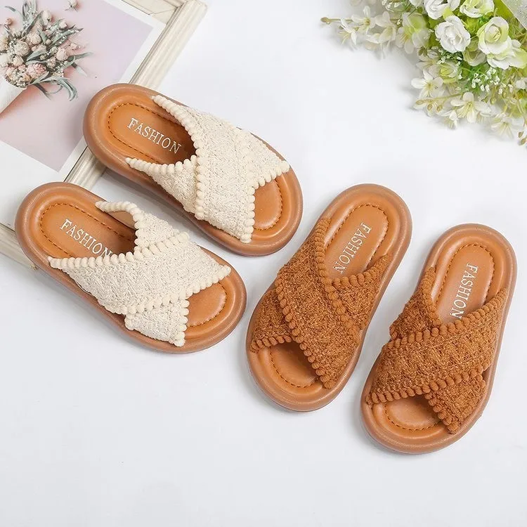 Kids Fashion Girls Slippers 2024 France Style Open-toe Retro Ethnic Style Children Casual Shoes Drop Shipping Platform Non-slip