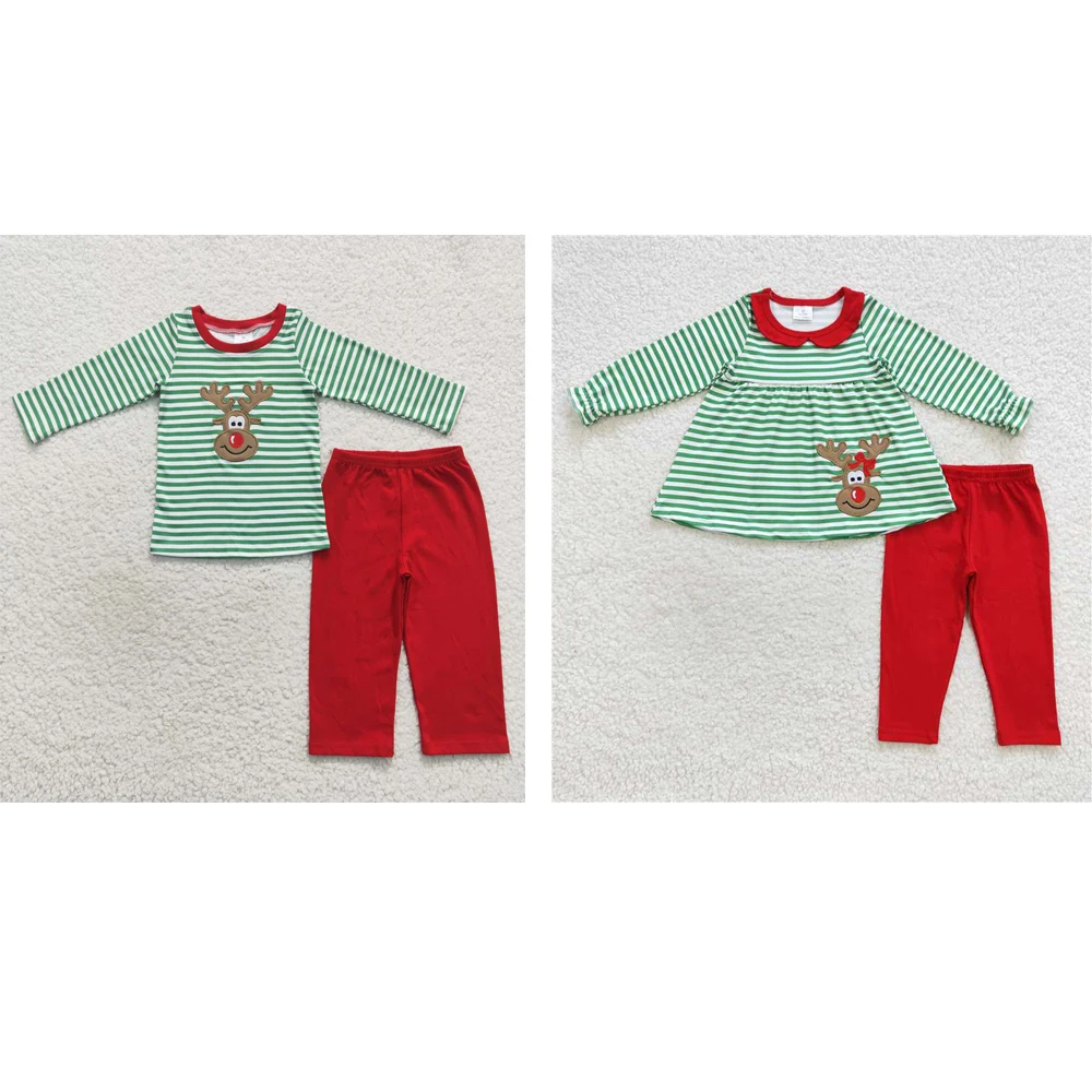 

Wholesale rts children's clothing embroidered Green striped Christmas long sleeve red pantsuit boys and girls clothes outfit