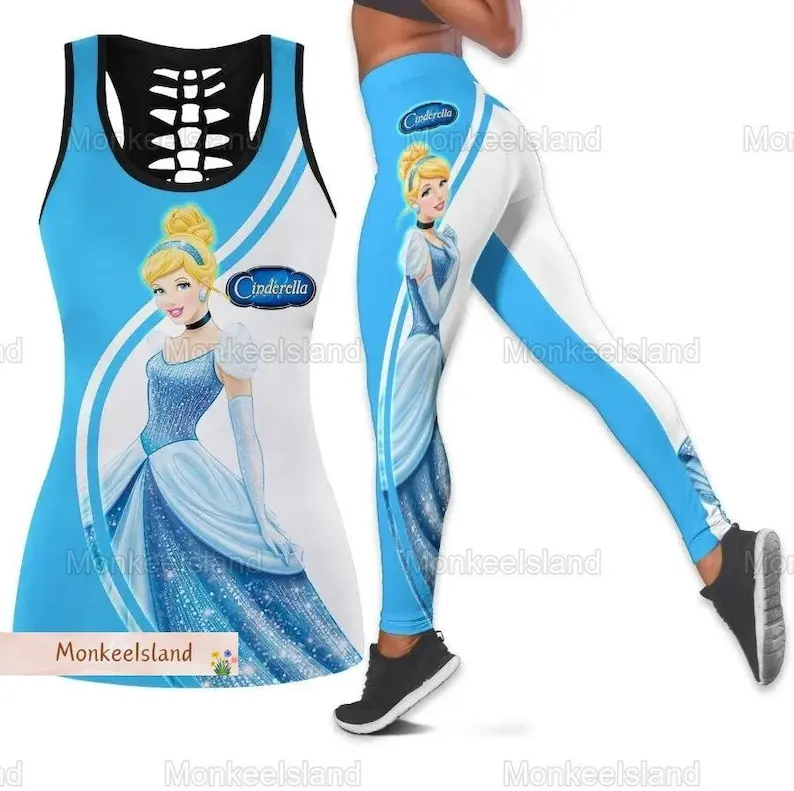 New Disney Cinderella Princess Women Book Hollow Vest Women Leggings Yoga Suit Fitness Leggings Sports Suit