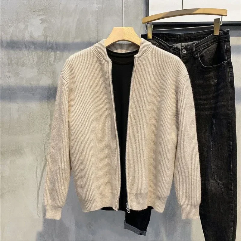 Knitted Sweaters for Men Black Man Clothes Plain Y2k Vintage Cardigan Solid Color Zip-up Zipper Collared Long Sleeve 100% Tops A